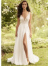V Neck Ivory Lace Organza Slit Flowing Wedding Dress V Neck Ivory Lace Organza Slit Flowing Wedding Dress